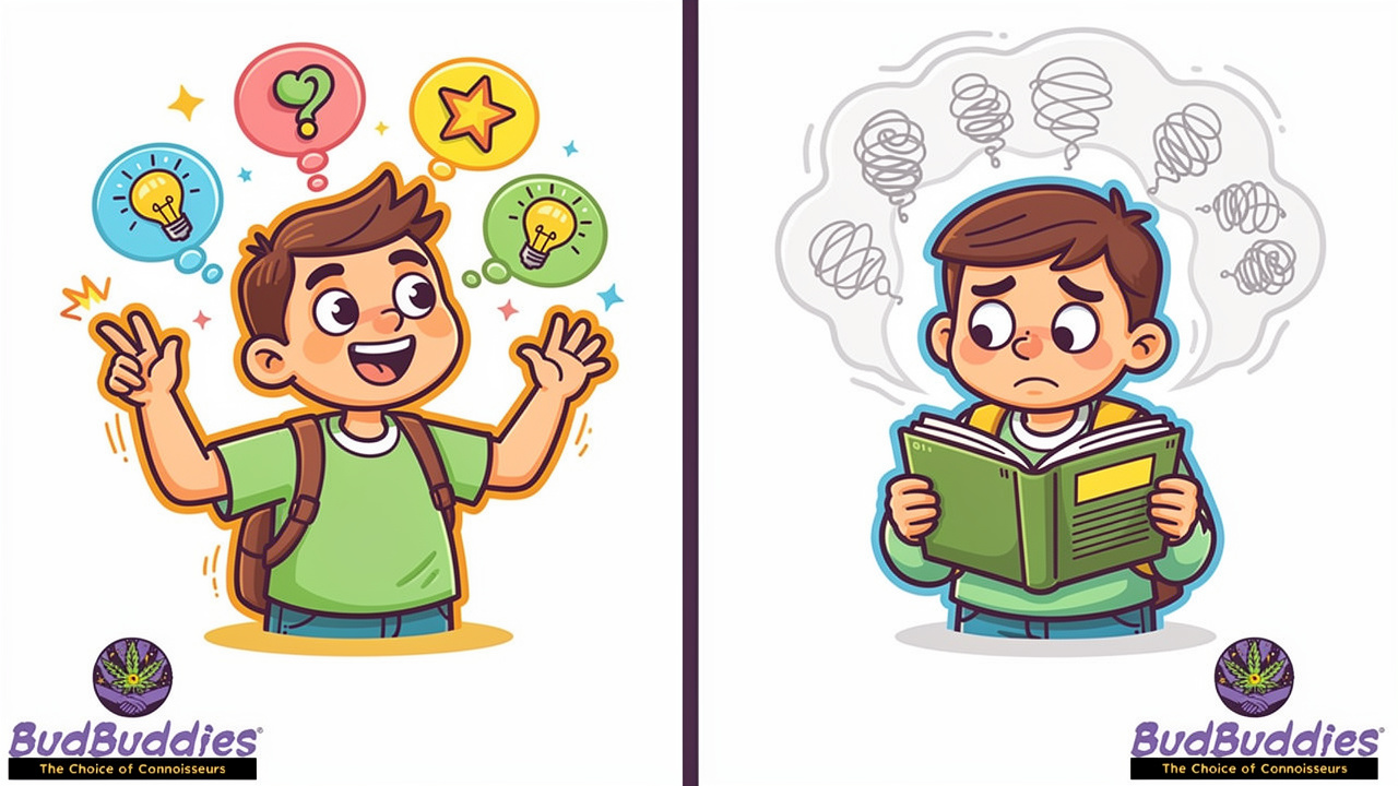 Cartoon showing pros and cons of cannabis while studying