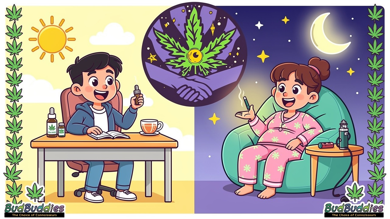 Cartoon student splitting cannabis use between day and night routines