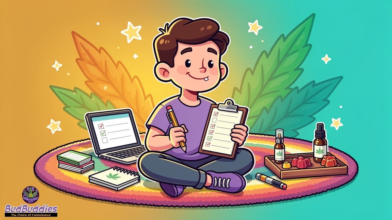 Cartoon student with organised cannabis and study toolkit