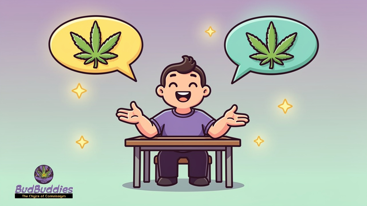 Cartoon character answering cannabis and studying questions