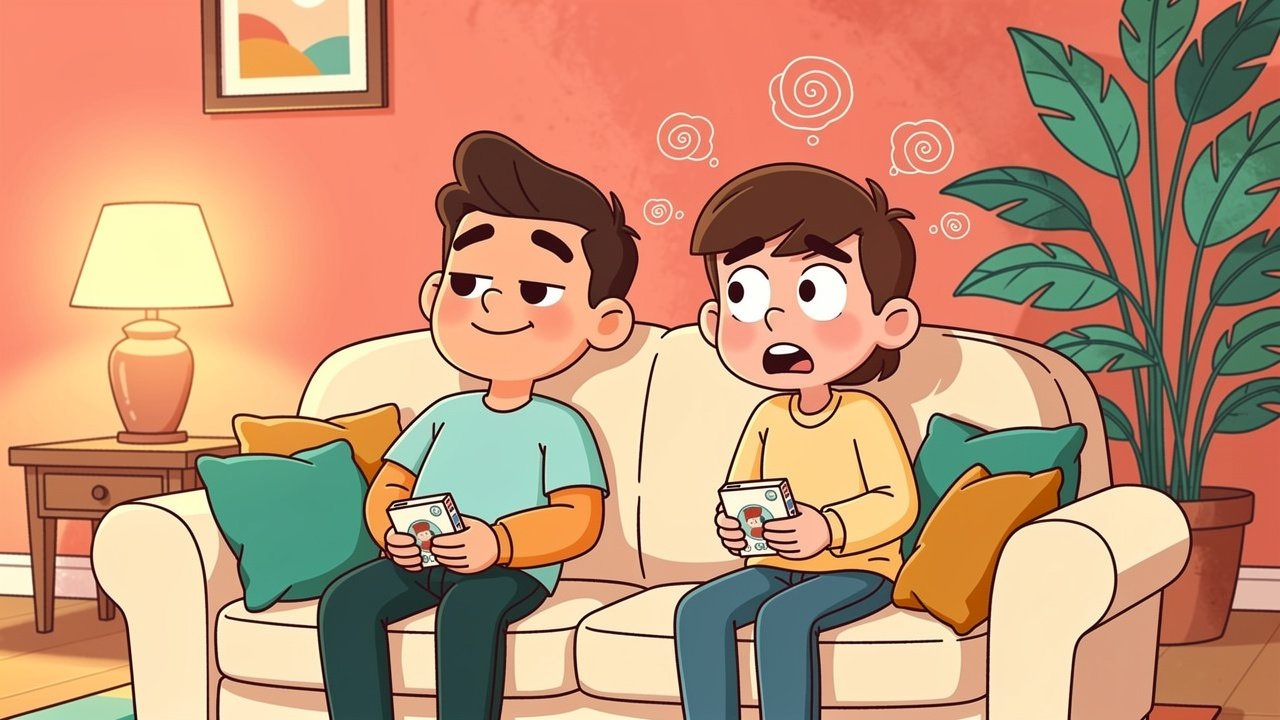 Two cartoon friends having different reactions to cannabis