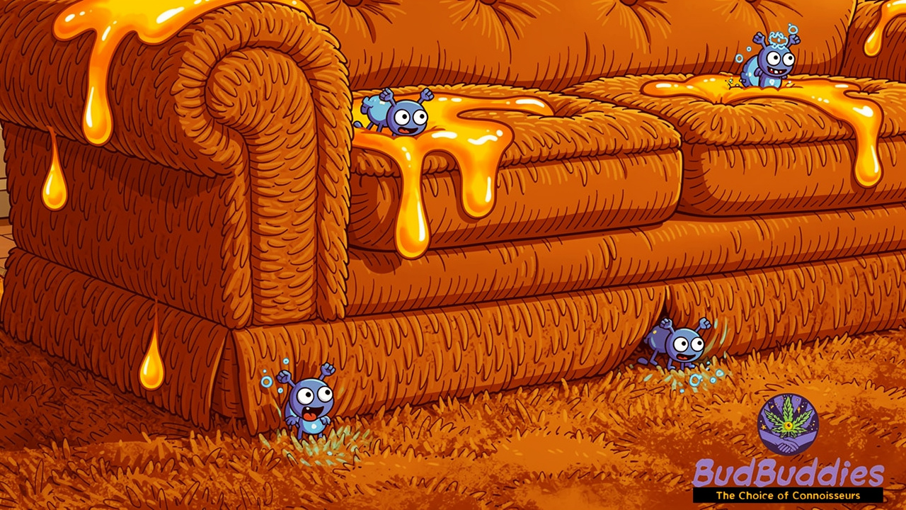 Cartoon terpene molecules clinging stubbornly to sofa and carpet fibres
