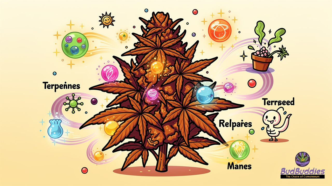 Cannabis flower bud surrounded by glowing terpene molecules and aromatic wisps