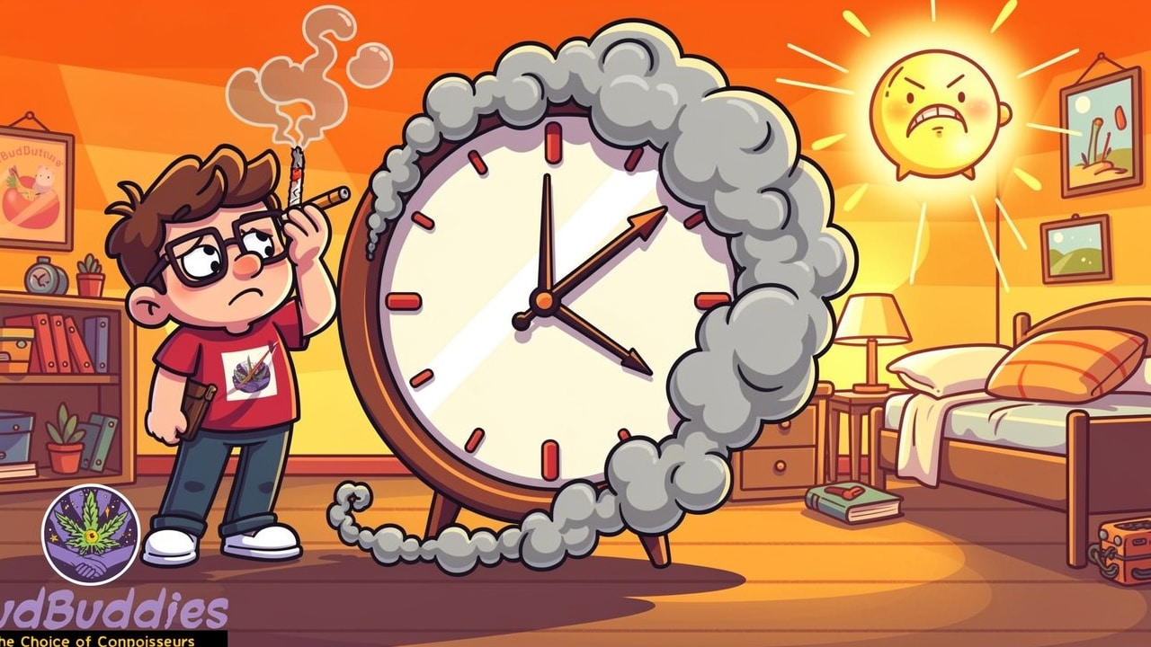 Cartoon showing cannabis timing risks around exam time