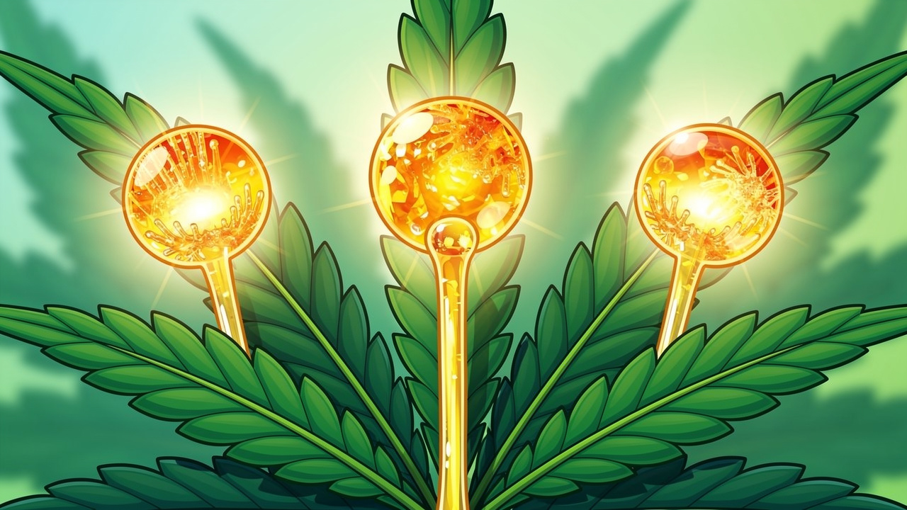 Cartoon close-up of three types of cannabis trichomes glowing gold