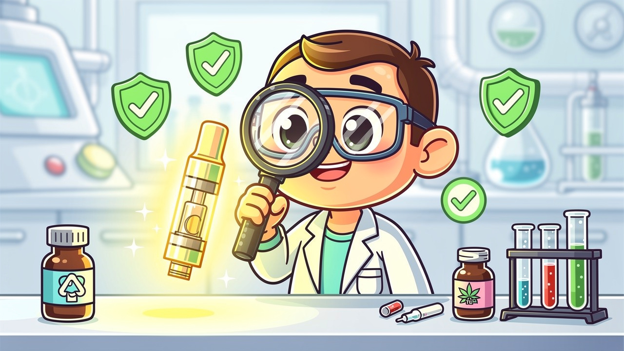 Cartoon character inspecting cannabis vape cartridge quality and safety