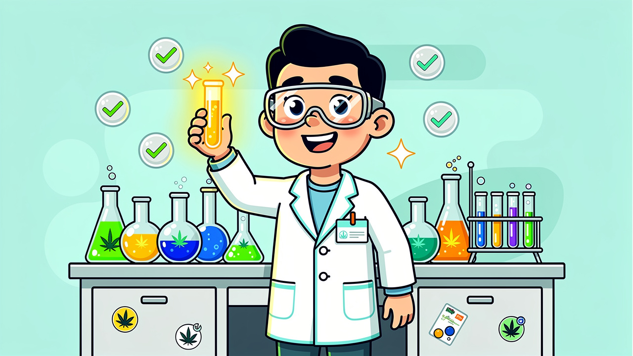 Cartoon scientist testing cannabis vape product quality in lab
