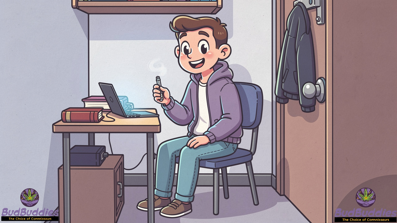 Cartoon student vaping discreetly in a dorm room
