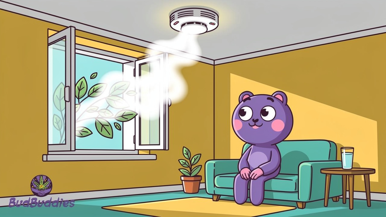 Cartoon character vaping near open window away from detector