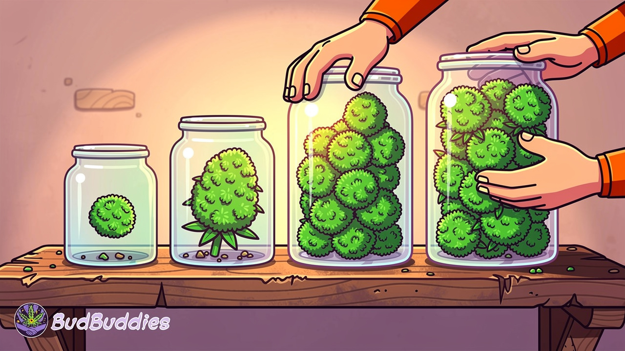 Cartoon jars showing different cannabis weight sizes