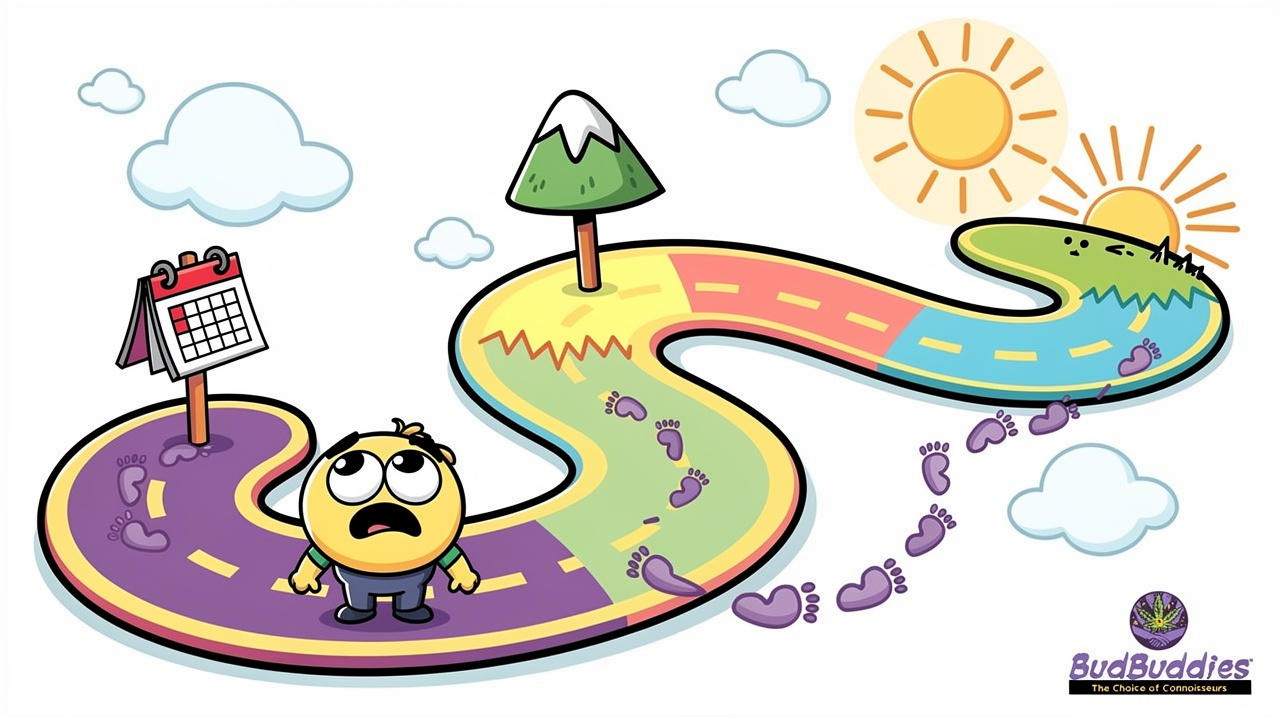 Cartoon road showing cannabis withdrawal symptom timeline stages