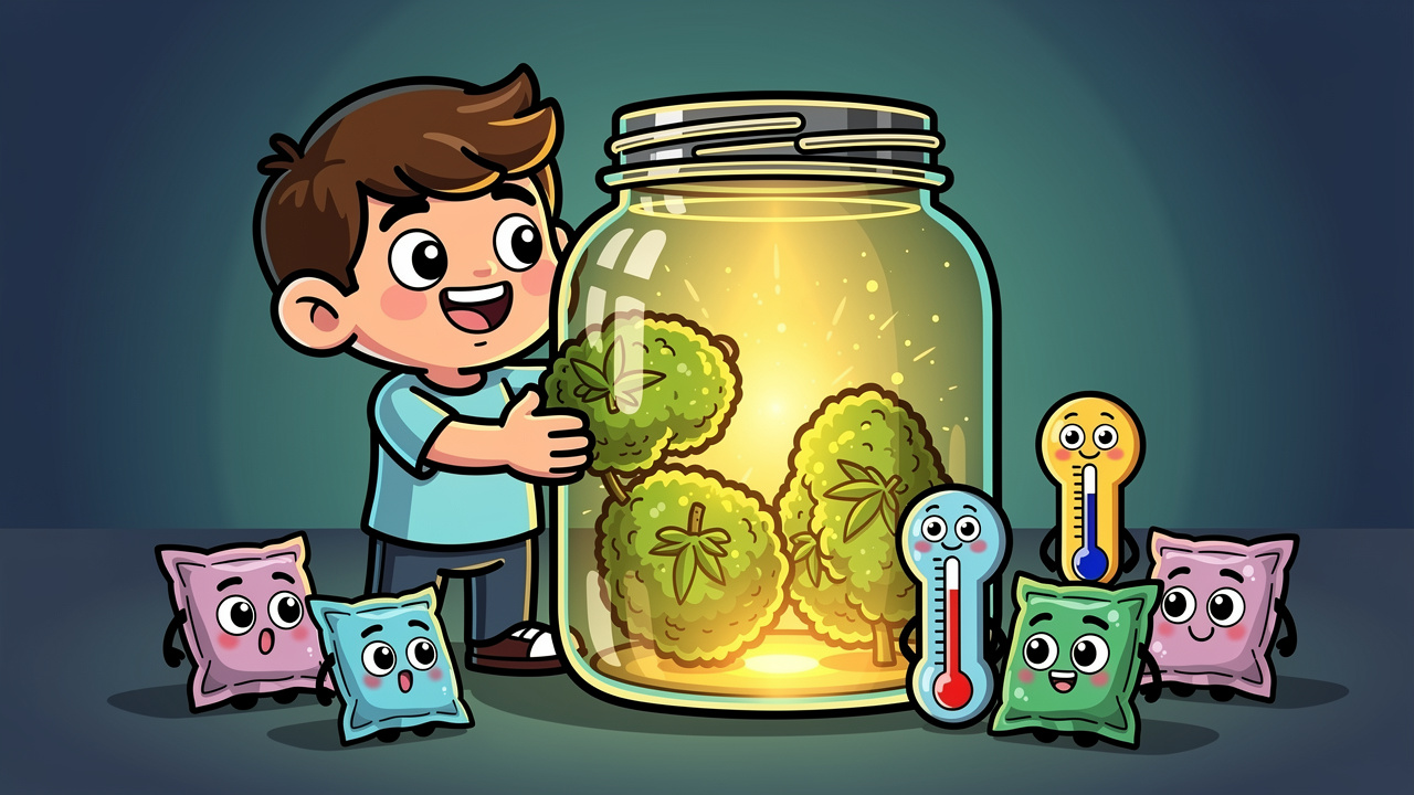 Cartoon of cannabis zip stored correctly in a glass jar