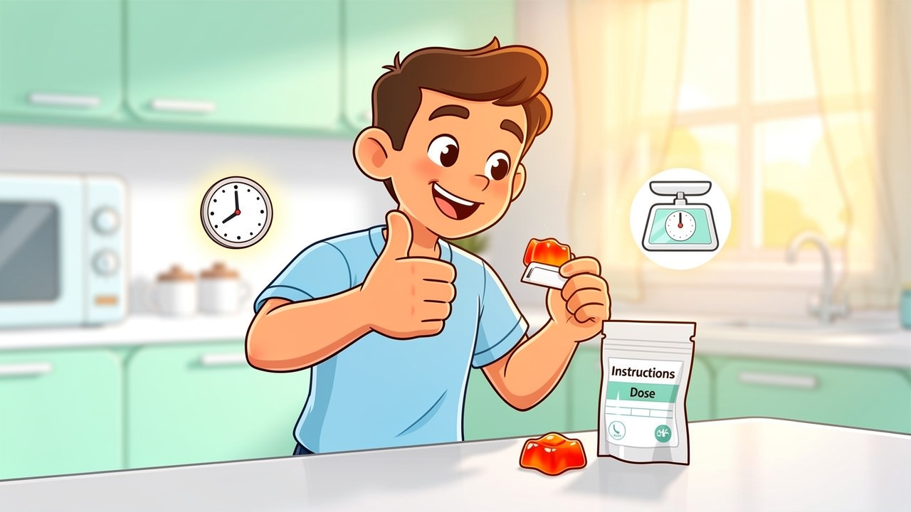 Cartoon character carefully checking cannabis product dosage