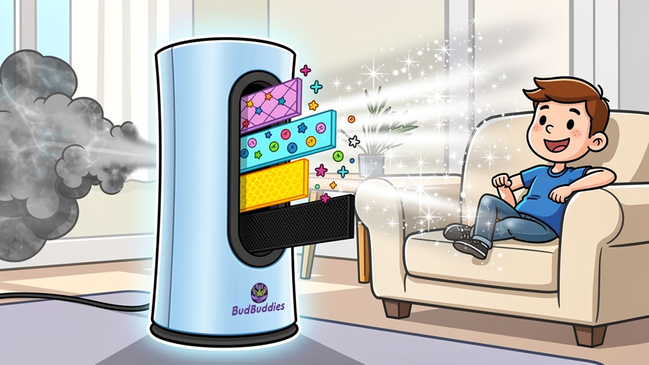Cartoon air purifier cleaning smoky indoor air