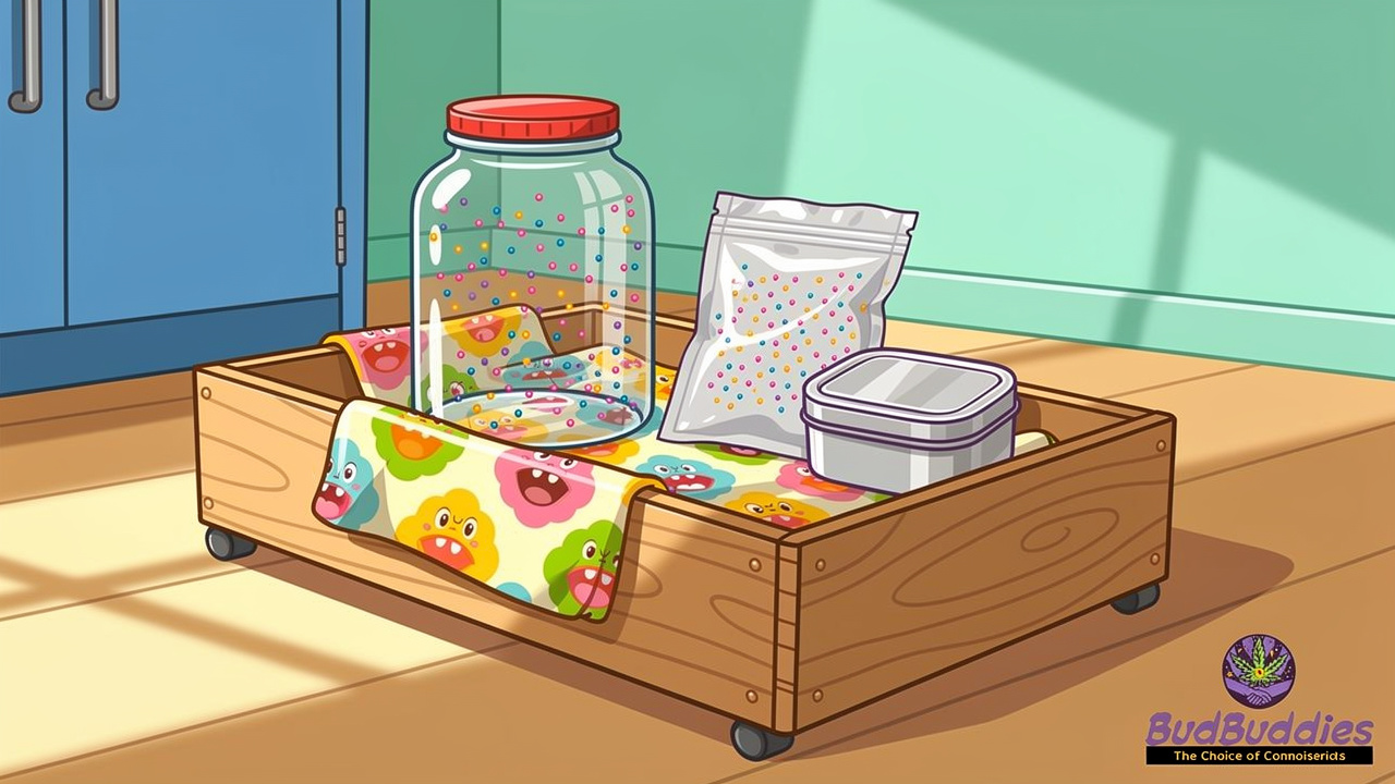 Cartoon airtight storage containers keeping cannabis smell contained