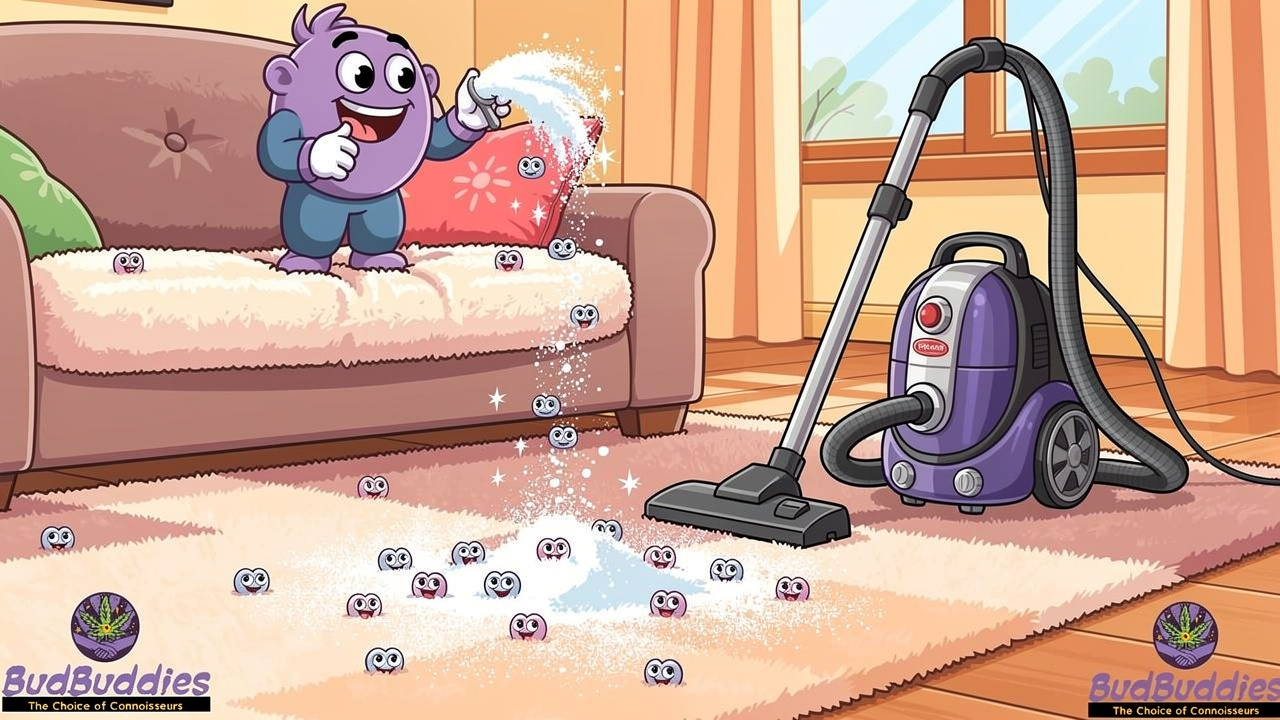 Cartoon character sprinkling bicarbonate on carpet