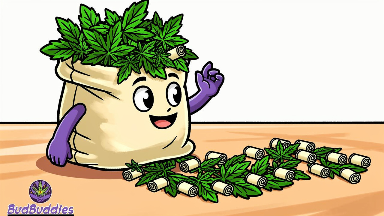 Cartoon bag of cannabis flower with rolled joints