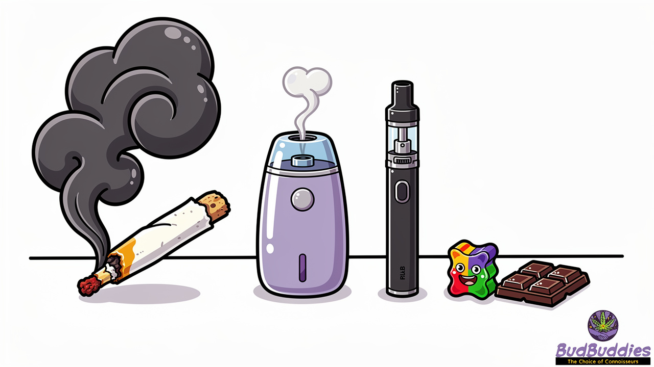 Cartoon comparison of cannabis methods and odour levels