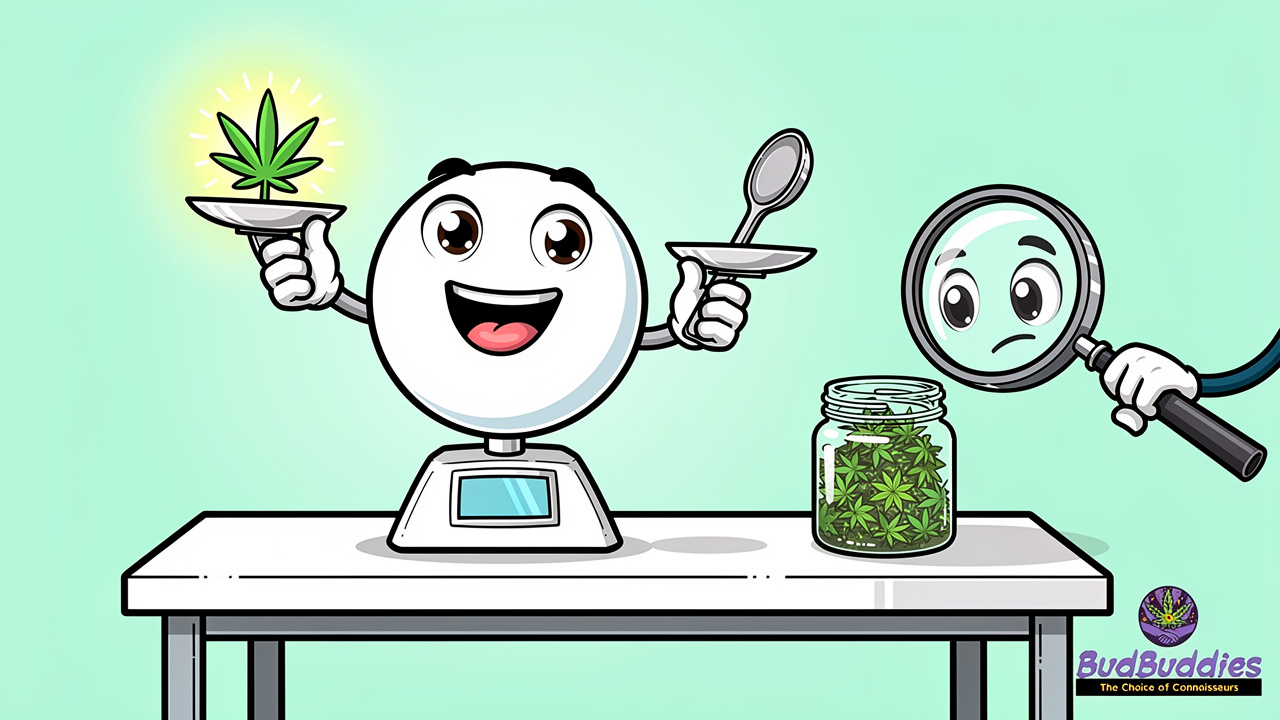 Cartoon scale balancing cannabis dose and quality symbols