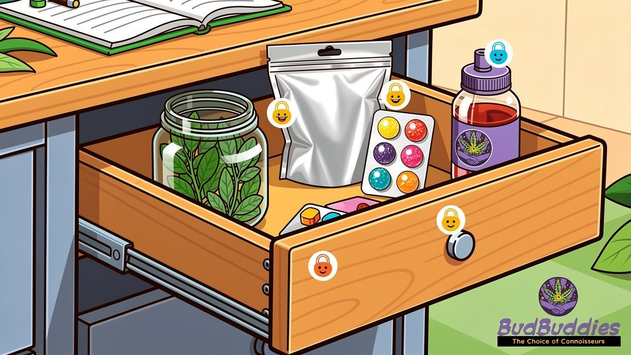 Cartoon airtight cannabis storage in sealed jars and pouches