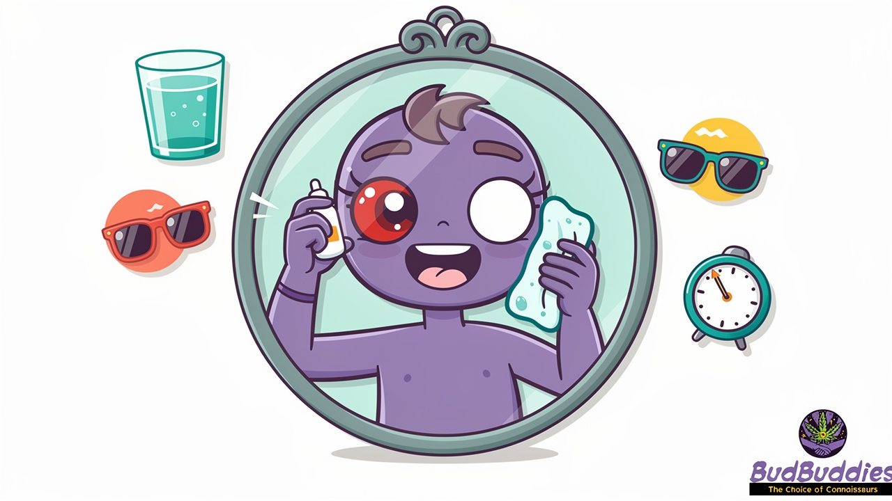 Cartoon character using eye drops to fix red eyes