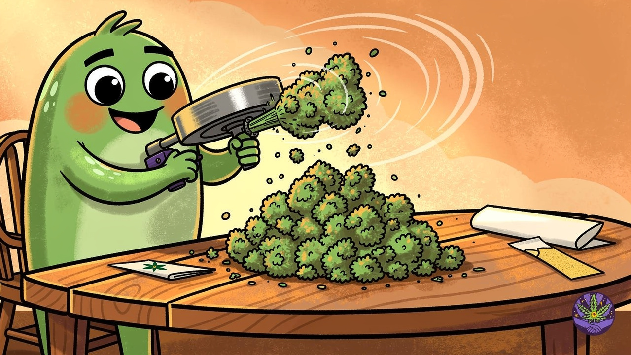 Cartoon character grinding cannabis for a joint