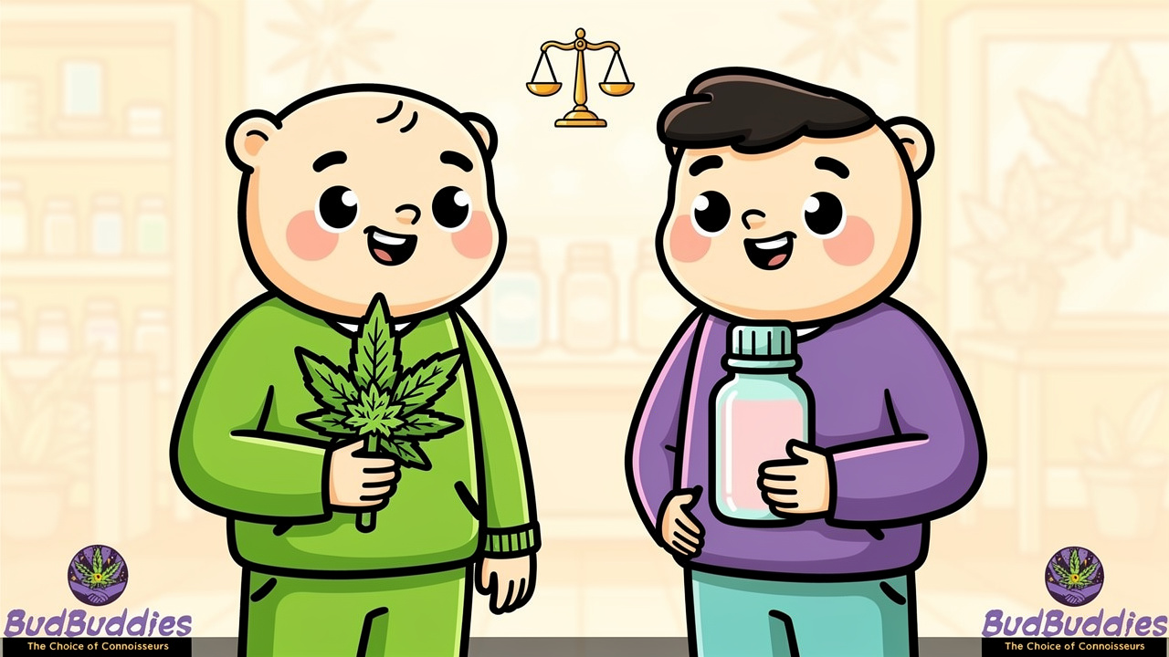 Cartoon characters comparing THC and CBD cannabis products