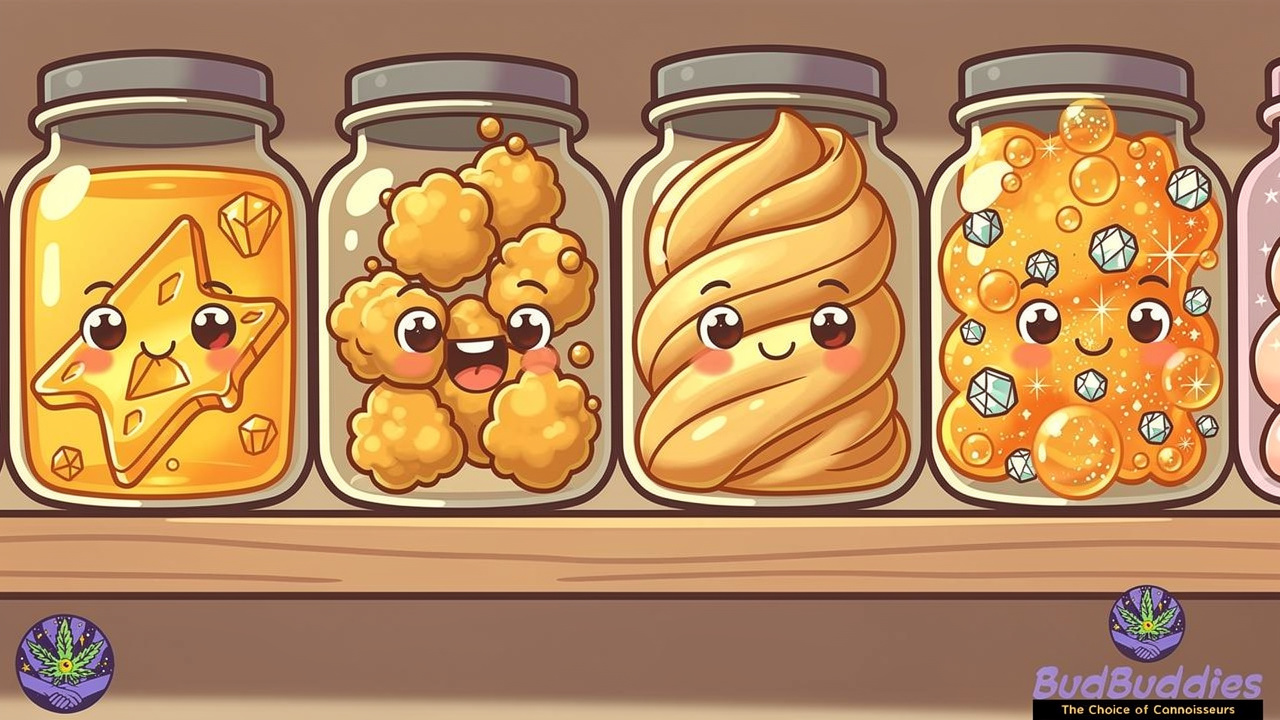 Cartoon jars showing different cannabis concentrate types