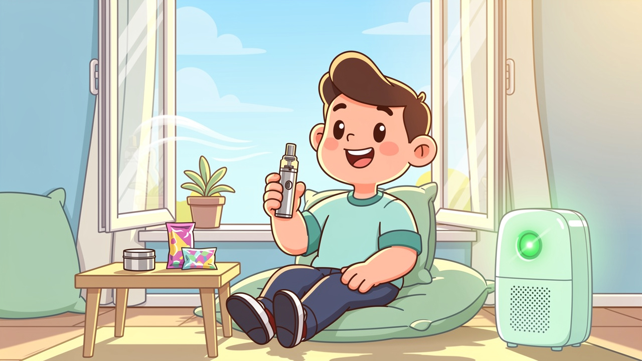 Cartoon character vaping discreetly by open window in UK flat
