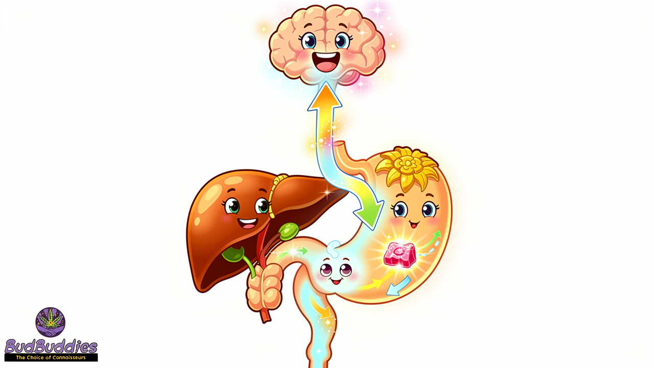 Cartoon showing THC gummy travelling through the digestive system