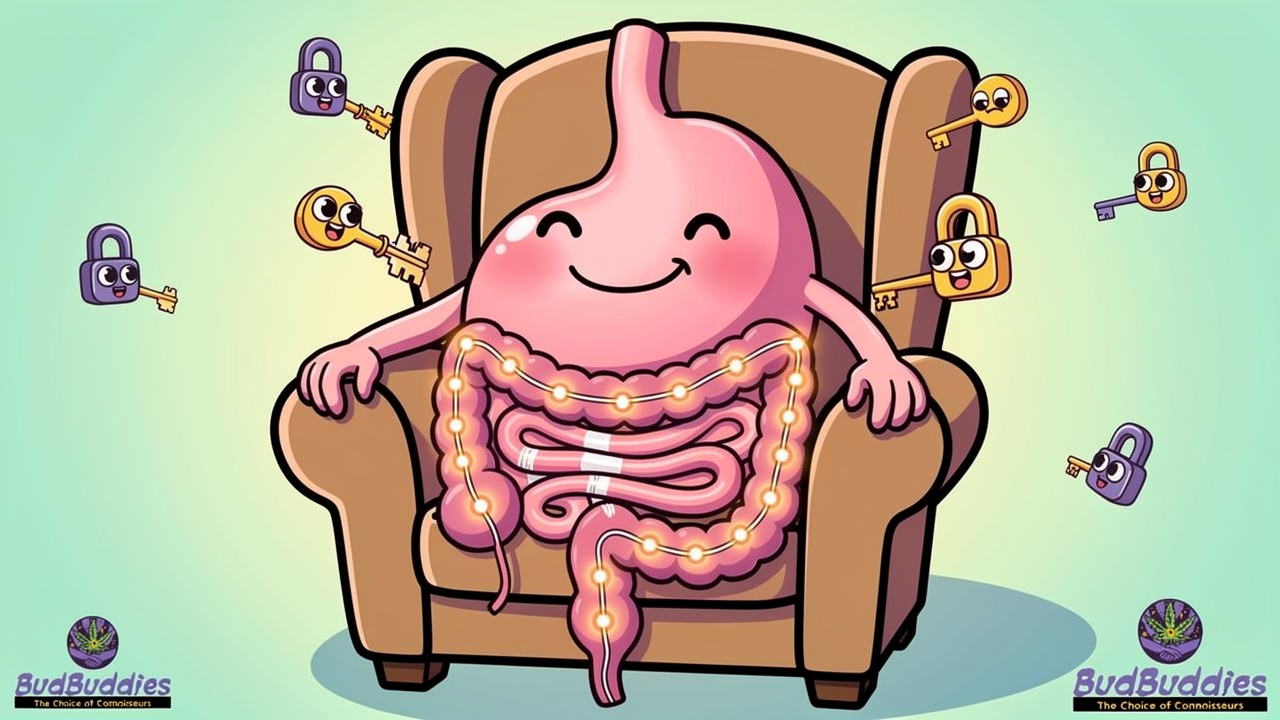 Cartoon stomach character with cannabinoid receptors illustration