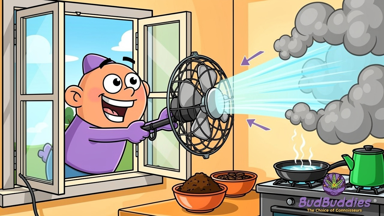 Cartoon character using fan to ventilate smoky room