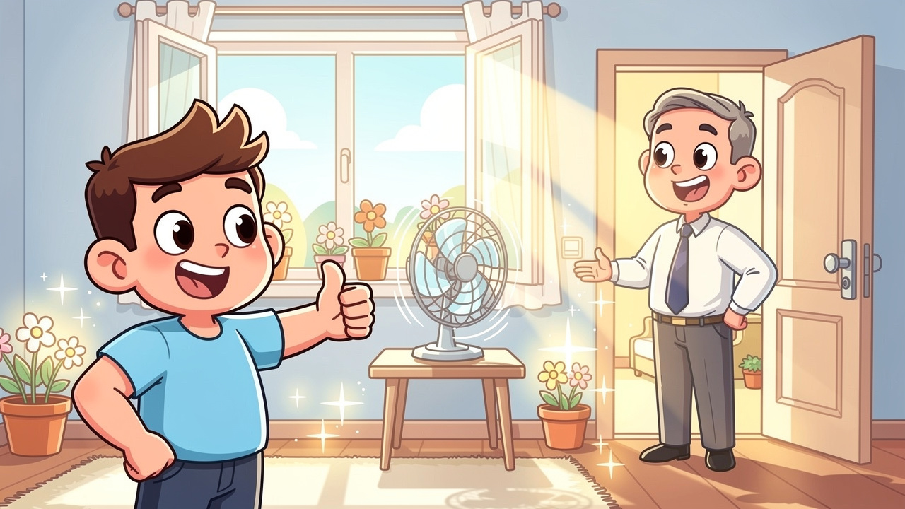 Cartoon tenant and landlord happily resolving weed smell issue
