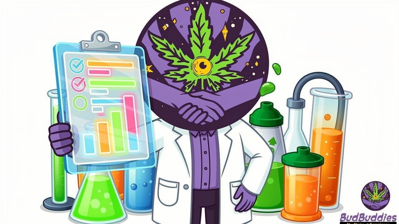 Cartoon scientist holding a quality certificate for cannabis products
