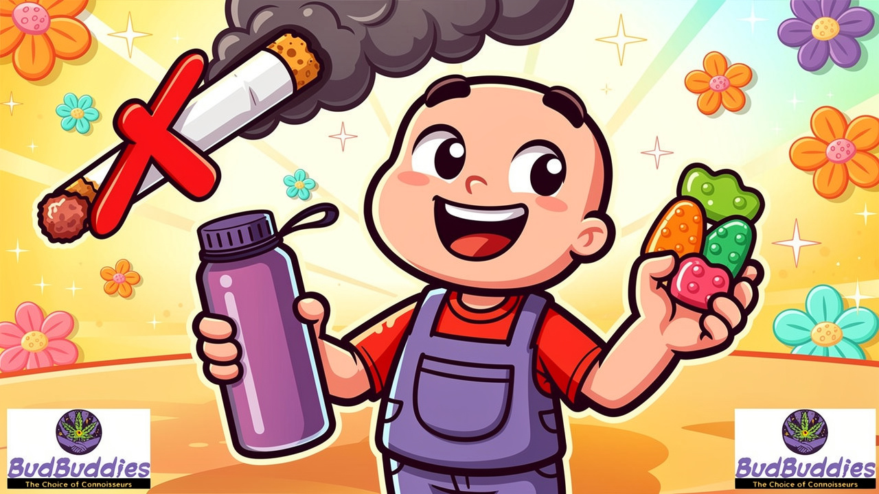 Cartoon character choosing vape and edibles over smoking