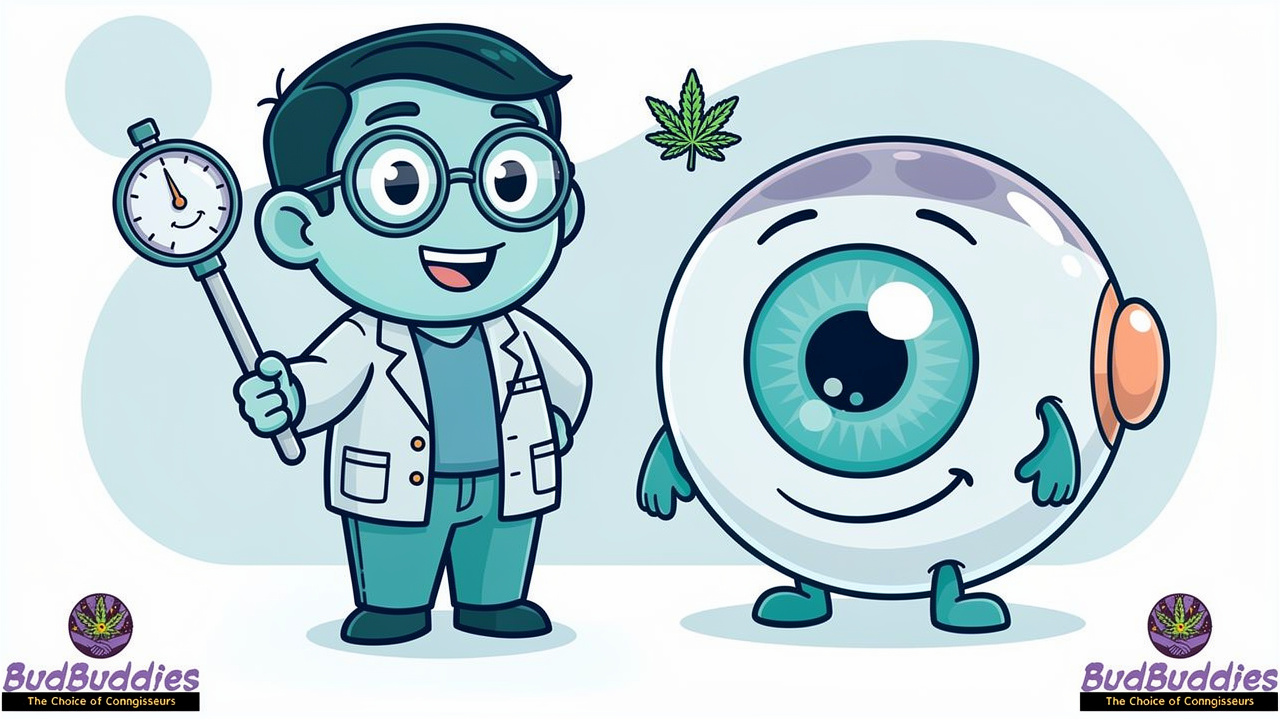 Cartoon optician checking eye pressure related to cannabis