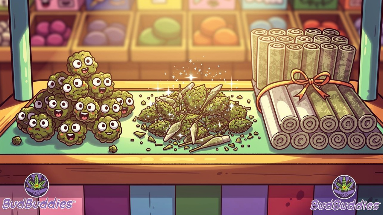 Cartoon popcorn nugs, shake and pre-rolls displayed together