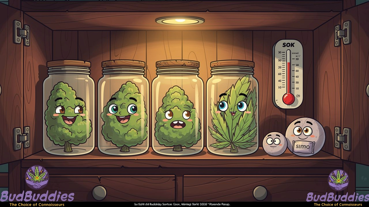 Cartoon jars and humidity packs for proper cannabis storage