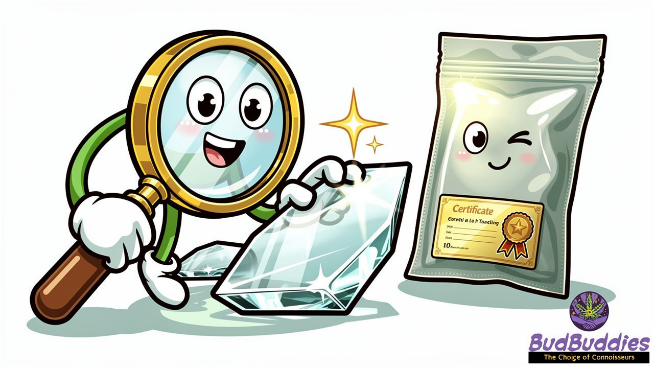 Cartoon magnifying glass inspecting quality tested concentrate