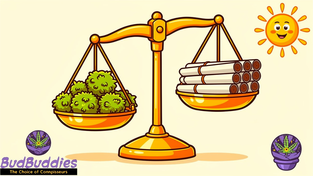Cartoon scale balancing cannabis buds and joints