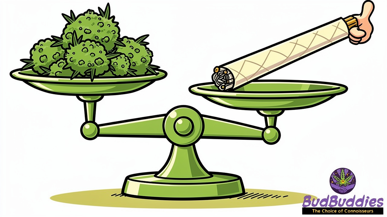 Cartoon scale balancing cannabis flower and a joint