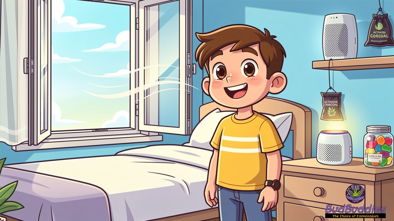 Cartoon student enjoying fresh clean odour-free bedroom