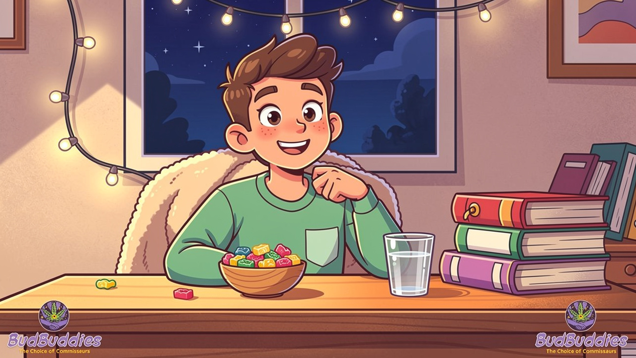 Cartoon student relaxing responsibly with gummies in a cosy room