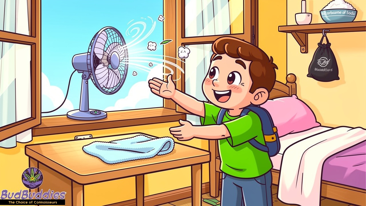Cartoon student using fan and open window to clear odour