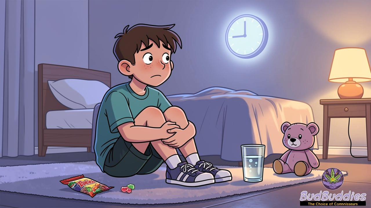Cartoon student sitting calmly after taking too many gummies
