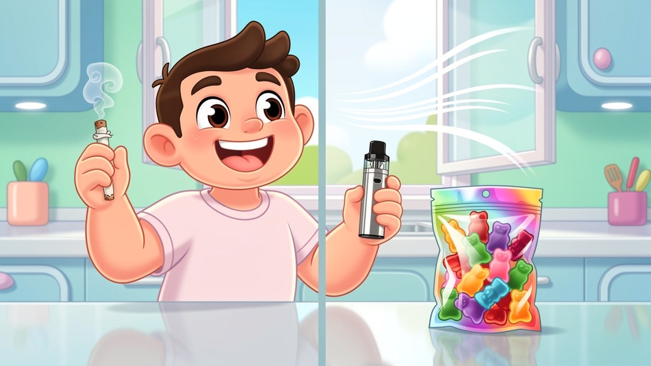 Cartoon character switching from smoking to vapes and edibles