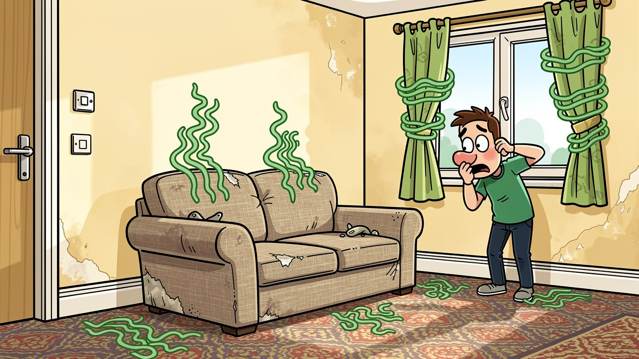 Cartoon illustration of weed smell clinging to flat furnishings