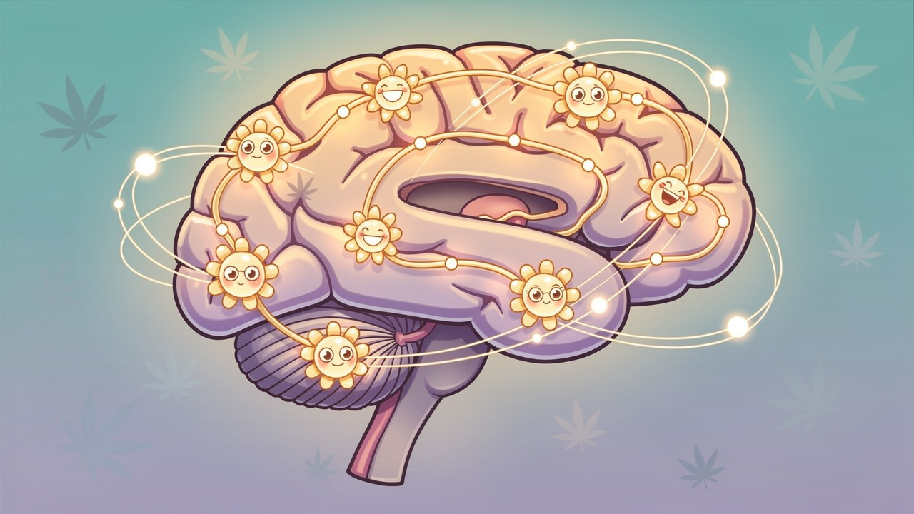 Cartoon brain showing CB1 receptors and cannabis interaction
