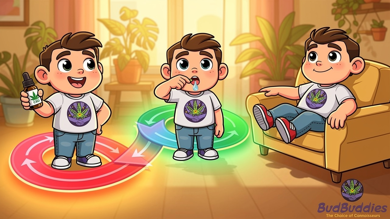 Cartoon showing CBD use before during and after THC