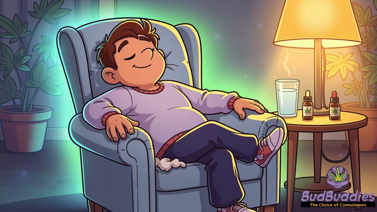 Relaxed cartoon character feeling calm after using CBD